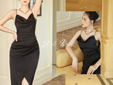 Bias-cut midi silk dress with cowl neckline and mesh side panels for evening elegance